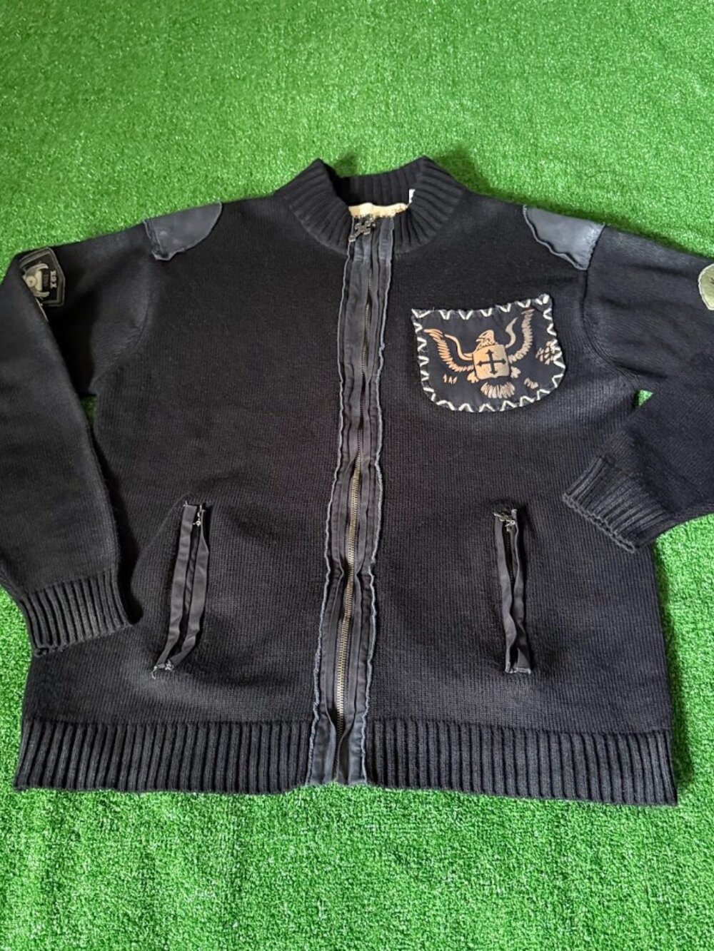 Franky Max Knit Jacket XXL Black Patchwork Embroidered Gothic Biker Full Zip